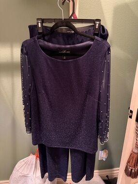 Alex Evenings Navy Sparkle Evening Pants Suit